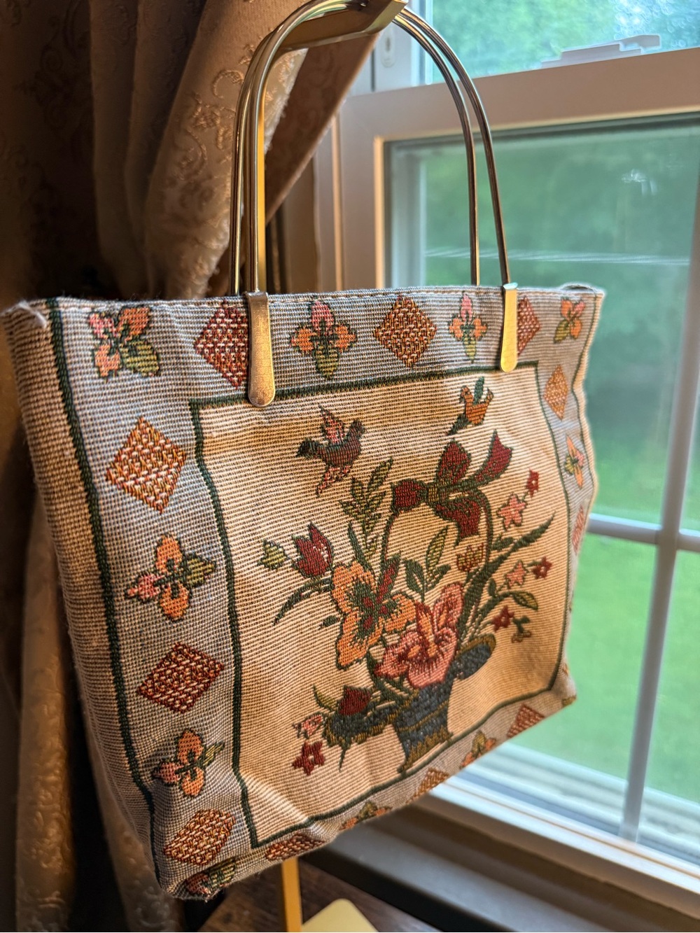 Vintage Floral Tapestry Tote Bag with Gold Handles - Beige Multi - Picture 3 of 5